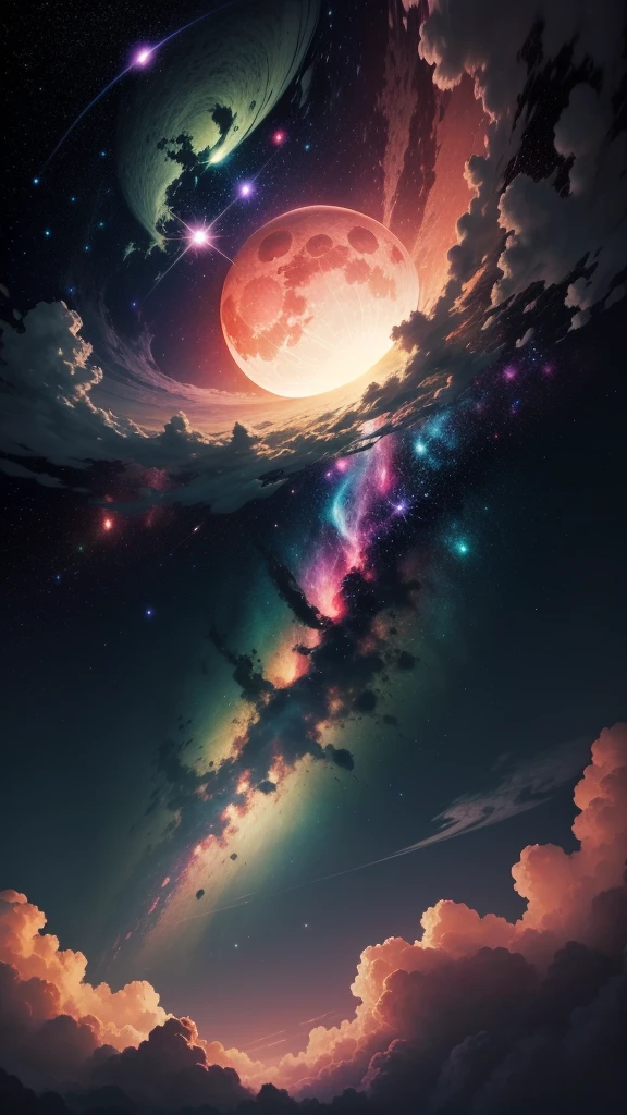Arafeed image of a pink sky with stars and a pink moon, Great background, Green shades of night sky , Beautiful Wallpapers, Beautiful green night sky, Great background, Amazing Paper Wallpaper, Galaxy Sky, Beautiful sky, Green and pink sky shades, Space Sky, Space Sky, beautiful photo, Colorful Sky, During the Meteor Storm, Beautiful sky, Magical colors and atmosphere