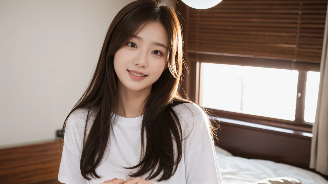 Highest quality、High resolution、8k wallpaper、Dense and beautiful eyedium hair、(Beautiful breasts:1.3)、Natural color lip、20-year-old woman、1 female、Brown Hair、Semi-long hair、smile、Wearing a white T-shirt、Wearing shorts、Living alone、Inside the house、Stylish room、On the bed、holding a smartphone in one hand、