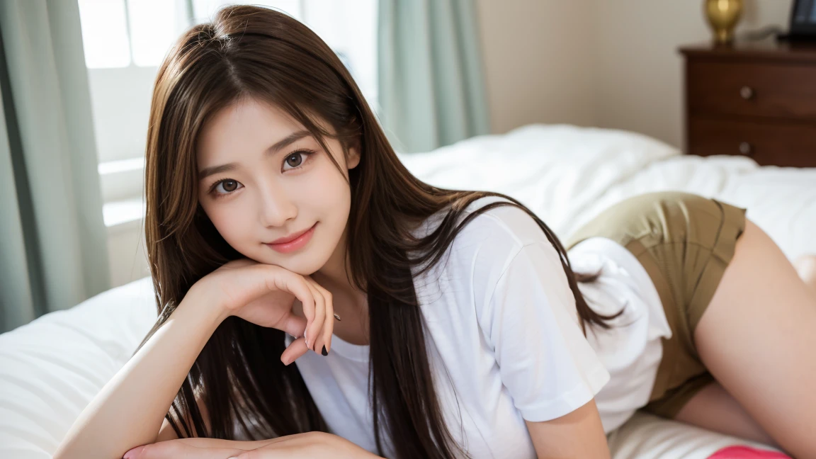 Highest quality、High resolution、8k wallpaper、Dense and beautiful eyedium hair、(Beautiful breasts:1.3)、Natural color lip、20-year-old woman、1 female、Brown Hair、Semi-long hair、smile、Wearing a white T-shirt、Wearing shorts、Living alone、Inside the house、Stylish room、On the bed、holding a smartphone in one hand、