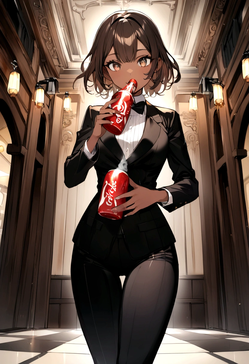 black female, dark brown hair, Unique coke, dark brown almond eyes, dark circles, sign above the mouth, black leagwear, High quality
