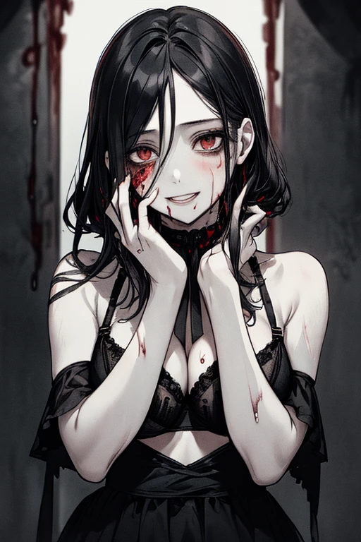 Top Quality, (Background detail), Bra, Prima, High Contrast, Super Beautiful Girl, Detailed Original Illustration, Sensual, Delicate Face, Charming, Bad Girl, Sexy, Wrist Cut Scars, Real Breasts, Twin Tail, Crazy Smile, Crazy Eyes, Heads Up, Holding Knife, Pale Skin, Blood Drenched, Shower of Blood, Dripping Blood, Black Hair, Yandere, Mengele, Mine Type, ta, Blood Makeup, Red, Black Background, (Black Background: 1. 5), Beautiful Line Drawing
