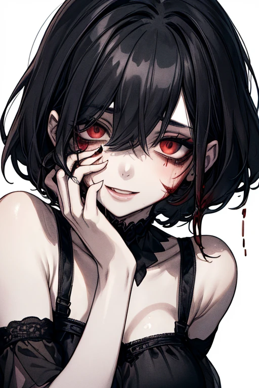 Top Quality, (Background detail), Bra, Prima, High Contrast, Super Beautiful Girl, Detailed Original Illustration, Sensual, Delicate Face, Charming, Bad Girl, Sexy, Wrist Cut Scars, Real Breasts, Twin Tail, Crazy Smile, Crazy Eyes, Heads Up, Holding Knife, Pale Skin, Blood Drenched, Shower of Blood, Dripping Blood, Black Hair, Yandere, Mengele, Mine Type, ta, Blood Makeup, Red, Black Background, (Black Background: 1. 5), Beautiful Line Drawing