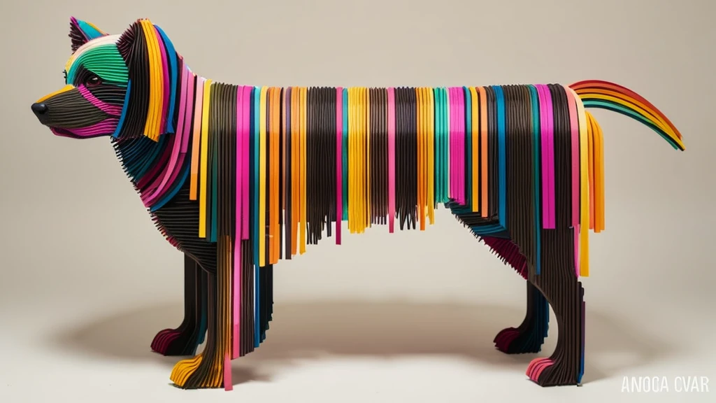 A detailed, abstract, ethereal sculpture of a [dog] made entirely of various colored gradient [sticks], aesthetically arranged to shape its features, creating a textured, vibrant, and intricate look against a simple, neutral background in an ultra-realistic, modern minimalist style.
