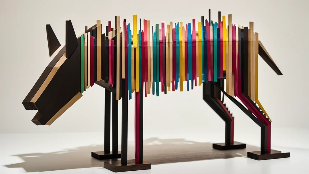 A detailed, abstract, ethereal sculpture of a [dog] made entirely of various colored gradient [sticks], aesthetically arranged to shape its features, creating a textured, vibrant, and intricate look against a simple, neutral background in an ultra-realistic, modern minimalist style.
