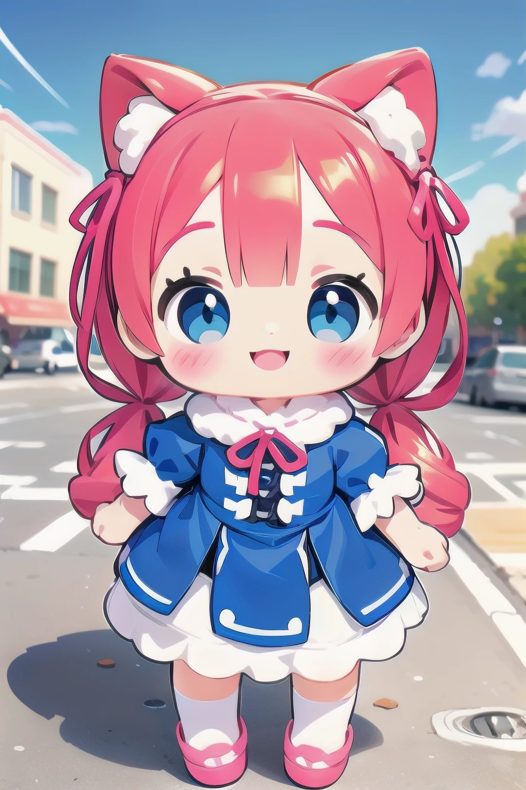 Photorealistic、Chibi Girl Doll（Street、Rem's Cosplay of Rezero、whole body、smile）