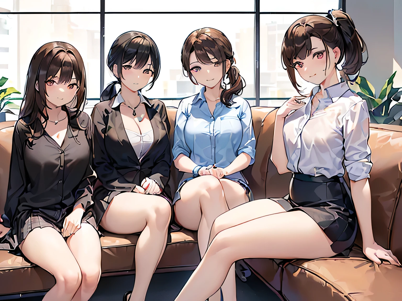 (Masterpiece, highest quality, high resolution, realistic photos, realistic looking skin:1.1),
(Four women are sitting on a sofa in a break room at work:1.8), 
(all with provocative, smirking expressions:1.5), (all with smirking expressions:1.5), 
(All are dressed in office casual attire such as shirts and blouses:1.5),
(All are wearing mini-skirts:1.5),
(All are wearing pumps on bare legs: 1.5),
(The first has short brown hair, the second has long black hair, the third has medium brown hair, and the fourth has a brown ponytail:1.5),
(The location is a sofa in the break room of the company:1.5),
1 Japanese girl, solo, full bodied esbian, beautiful eyes, glowing eyes, glowing thighs, NSFW
