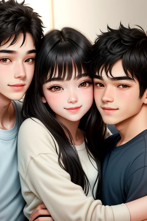 hug-on-bed-boy-girl-boy
20-year-old boy and 18-year-old girl, Detailed face, Detailed eyes, double eyelid, cute, sunny, warm, smile, Handsome-cool-warm-boy with black hair and hot-seductive-sexy-cute-beautiful-girl with black hair and blushing face. Intimate vibes.