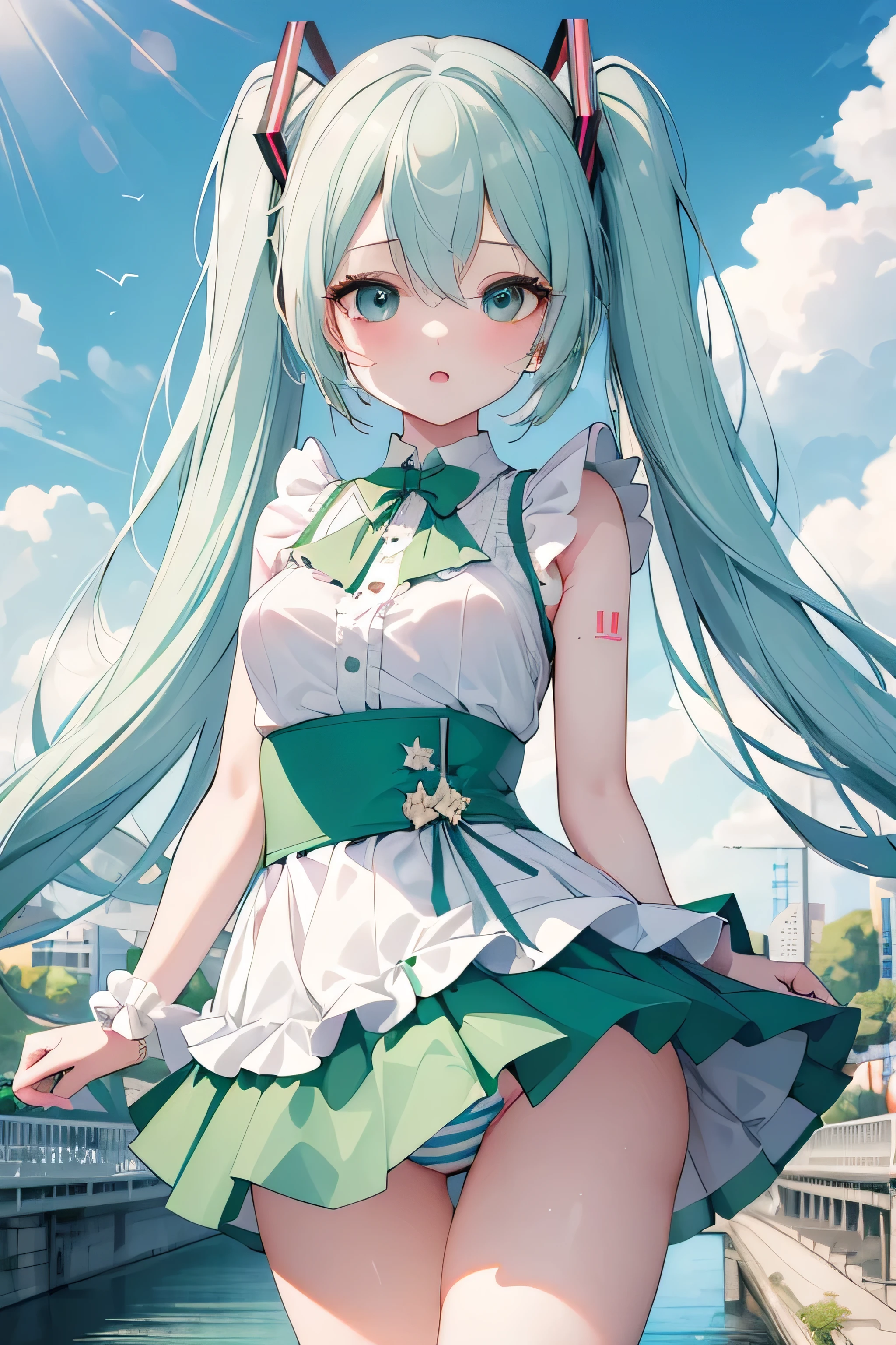 Highest quality, masterpiece, High resolution, Very detailed, Fine skin, Complex eyes, Accurate and perfect , Hatsune Miku, Embarrassing, Stage Costumes(White blouse, , Green and white striped ), Outdoor, Bridge over the canal, Low - Angle, 風でめくりあがる