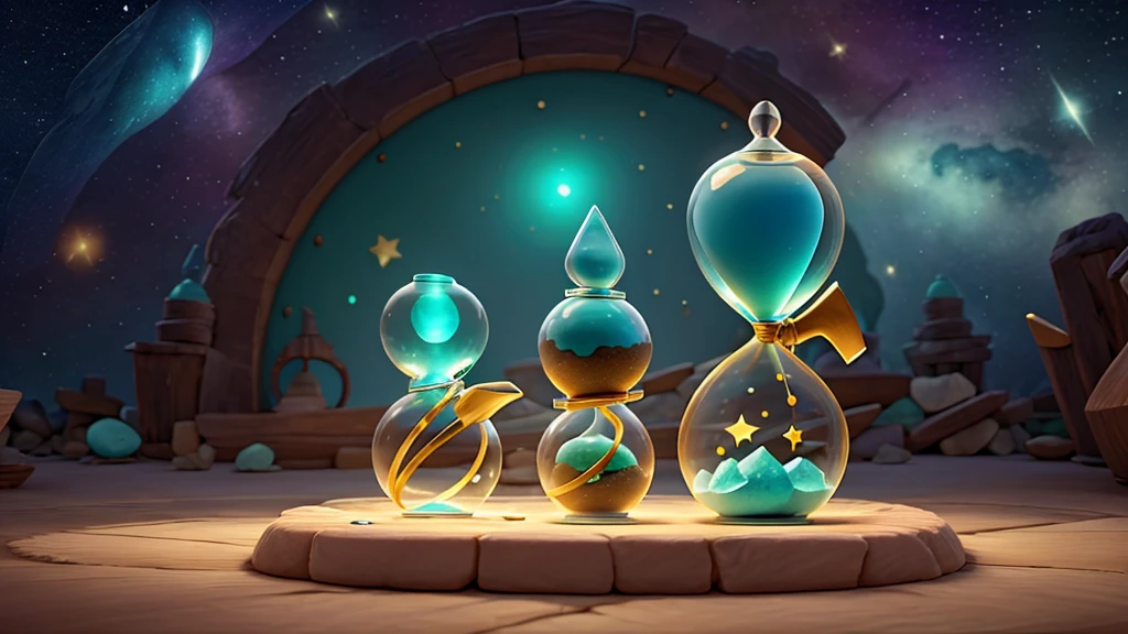 hourglass with time running out, amidst amazonite crystals, stars, shine, magical world, high resolution, full hd, disney drawing texture, 4k resolution
