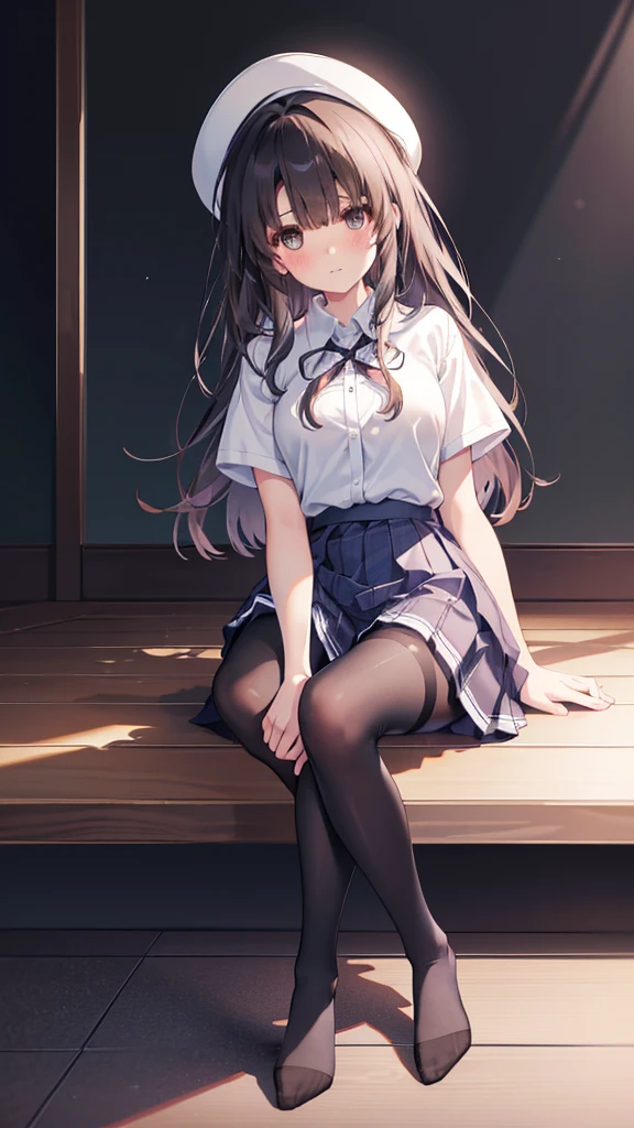 (8K、Best image quality、Highest quality、masterpiece)、One tall girl、((Full body))、Sit on the floor with your legs spread apart、White panties are visible、Long Hair、Wavy Hair、blush、Moderate bust、White collared shirt、Short sleeve、((Plaid pleated mini skirt))、Classroom Background、((black tights))、Black Pantyhose、((No shoes))