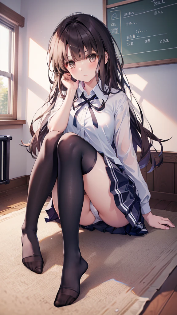 (8K、Best image quality、Highest quality、masterpiece)、One tall girl、((Full body))、Sit on the floor with your legs spread apart、White panties are visible、Long Hair、Wavy Hair、blush、Moderate bust、White collared shirt、Short sleeve、((Plaid pleated mini skirt))、Classroom Background、((black tights))、Black Pantyhose、((No shoes))