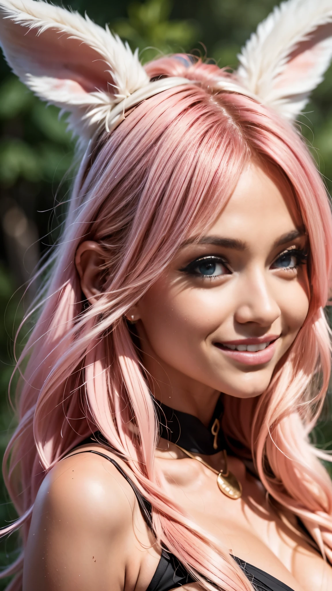 joyful expression, happy smile, anime style, a closeup of a cartoon of a woman with ears and rabbit tail, with rabbit tail, with rabbit ears, girl design, mara, portrait, giesha, anime image, long hair, pink hair, hair covering ears, happy, polished and powerful look, exotic, tall, joyful expression, she is playful for the camera, model photoshoot,