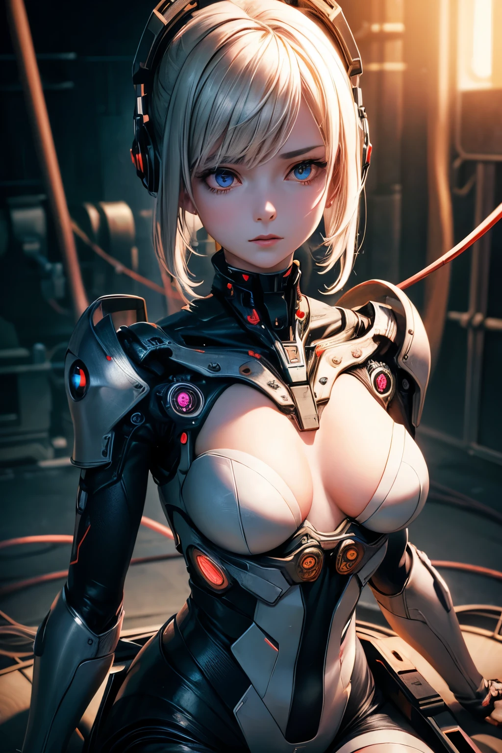 1mechanical girl, android,  ((ultra realistic details)), portrait, global illumination, shadows, octane render, 16k, ultra sharp,metal, intricate, ornaments detailed, cold colors,  highly intricate details, realistic light, trending on cgsociety, glowing eyes, facing camera, neon details, machanical limbs, blood vessels connected to tubes,mechanical vertebra attaching to back,mechanical cervial attaching to neck, sitting, wires and cables connecting to head