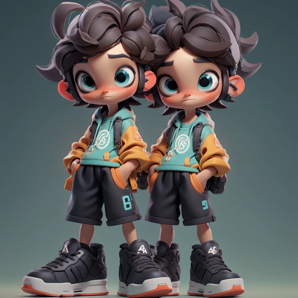 3D character, anime boy, large eyes, brown hair, blue headphones, gray t-shirt, shorts, oversized sneakers, hands in pockets, neutral expression Cartoon model, young boy, detailed hair, big headphones, casual outfit, futuristic shoes, standing pose, minimal background, modern design Stylized figure, boy with brown hair, turquoise headphones, graphic t-shirt, black shorts, colorful sneakers, relaxed stance, 3D rendering Cute animated boy, expressive eyes, blue and orange color scheme, hands in pockets, detailed sneakers, backpack, simple background, modern art Chibi-style character, big eyes, spiky hair, headphones, casual attire, large shoes, standing pose, muted colors, collectible figure design