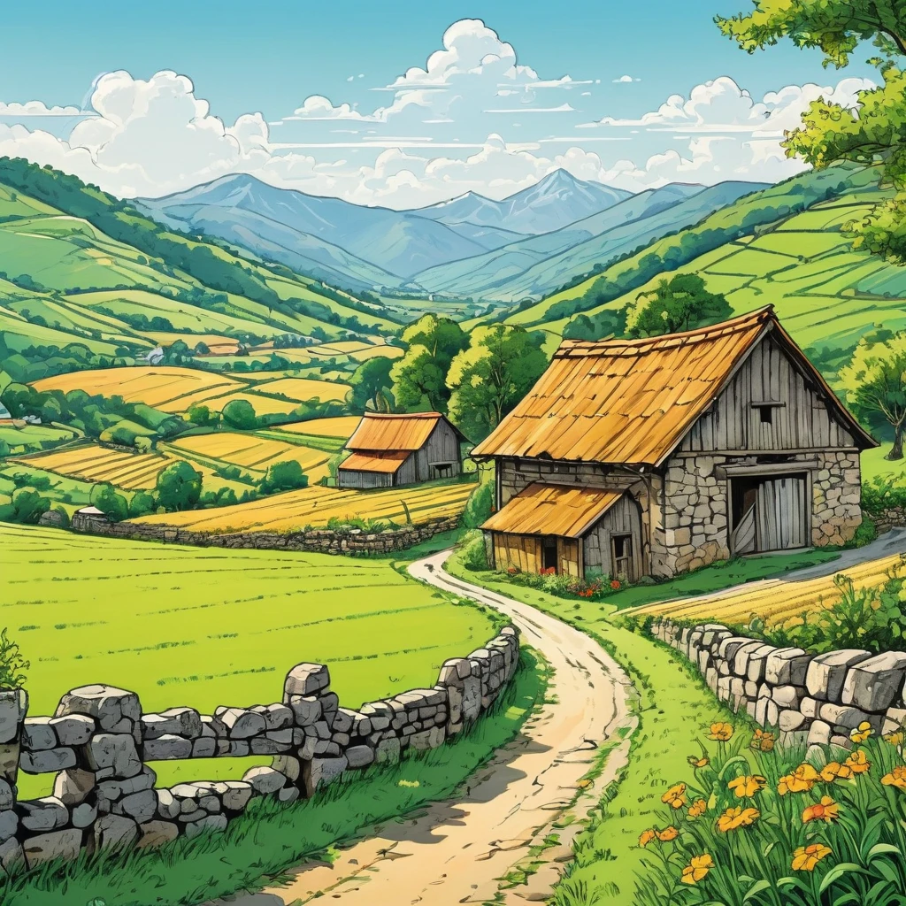 Warm color line drawing，（Comic book style），Hand drawn caricature，Beautiful countryside painting，Mountain々、summer，Green farmland、Old Stone Barns and Sheds。Sunny Afternoon。Pen carefully、And handle it with care，Overall composition balance。（Clear lines，No Shadow），（Moderate：Picturesque），Wide-angle lens