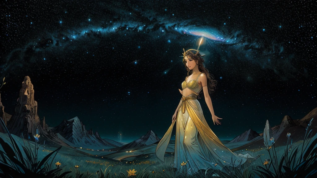 In a realm where stardust dances and nebulae swirl, the radiant goddess Grace reigns supreme. Her ethereal form glows with a celestial light that outshines the brilliance of a thousand suns.
Grace's divine countenance is framed by tresses that shimmer like cosmic waves, each strand a tapestry of galaxies in motion. Her eyes, pools of infinite depth, reflect the mysteries of the universe, beckoning all who gaze upon her to lose themselves in their cosmic splendor.
Adorned in gossamer robes that billow like the auroras of distant worlds, Grace's celestial garments shimmer with the iridescent hues of interstellar clouds. Stardust swirls around her, forming a breathtaking halo that crowns her as the sovereign of the heavens.
Her celestial surroundings are a tapestry of wonders, where nebulae bloom like cosmic flowers, and stars twinkle like diamonds scattered across an endless velvet expanse. Comets streak across the celestial canvas, leaving trails of stardust in their wake, paying homage to the goddess's radiant presence.
Grace's divine essence permeates the cosmos, infusing every atom with her ethereal grace. Her outstretched hands beckon forth the very fabric of creation, weaving the tapestry of existence with each celestial gesture.
In this realm of celestial majesty, Grace reigns supreme, a beacon of divine radiance that guides all who seek enlightenment through the vast expanse of the cosmos.
