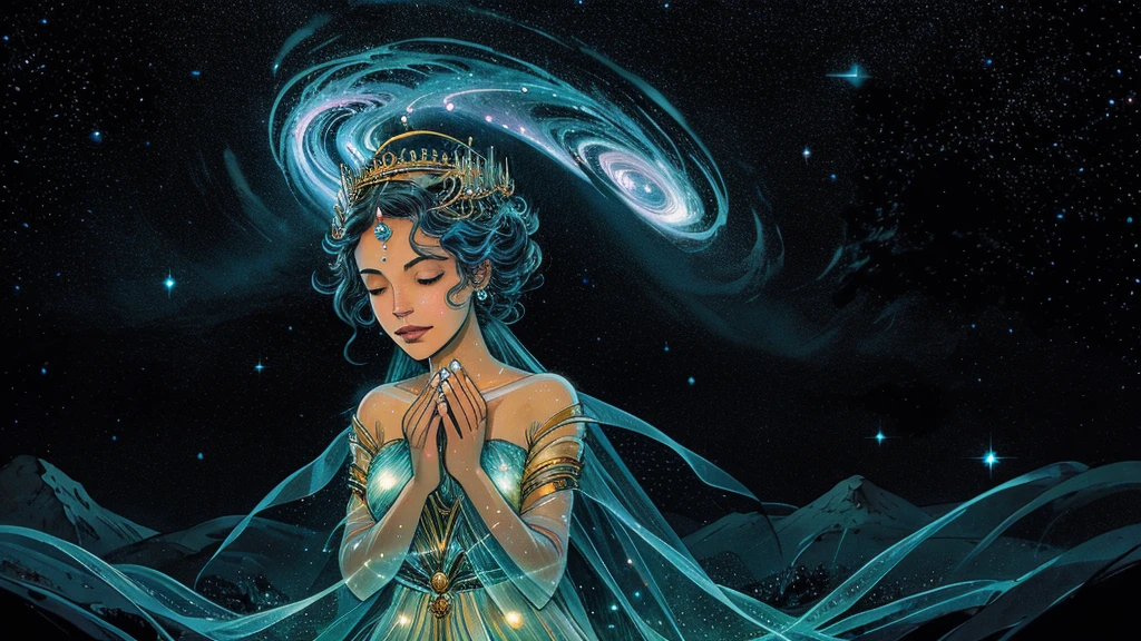 In a realm where stardust dances and nebulae swirl, the radiant goddess Grace reigns supreme. Her ethereal form glows with a celestial light that outshines the brilliance of a thousand suns.
Grace's divine countenance is framed by tresses that shimmer like cosmic waves, each strand a tapestry of galaxies in motion. Her eyes, pools of infinite depth, reflect the mysteries of the universe, beckoning all who gaze upon her to lose themselves in their cosmic splendor.
Adorned in gossamer robes that billow like the auroras of distant worlds, Grace's celestial garments shimmer with the iridescent hues of interstellar clouds. Stardust swirls around her, forming a breathtaking halo that crowns her as the sovereign of the heavens.
Her celestial surroundings are a tapestry of wonders, where nebulae bloom like cosmic flowers, and stars twinkle like diamonds scattered across an endless velvet expanse. Comets streak across the celestial canvas, leaving trails of stardust in their wake, paying homage to the goddess's radiant presence.
Grace's divine essence permeates the cosmos, infusing every atom with her ethereal grace. Her outstretched hands beckon forth the very fabric of creation, weaving the tapestry of existence with each celestial gesture.
In this realm of celestial majesty, Grace reigns supreme, a beacon of divine radiance that guides all who seek enlightenment through the vast expanse of the cosmos.