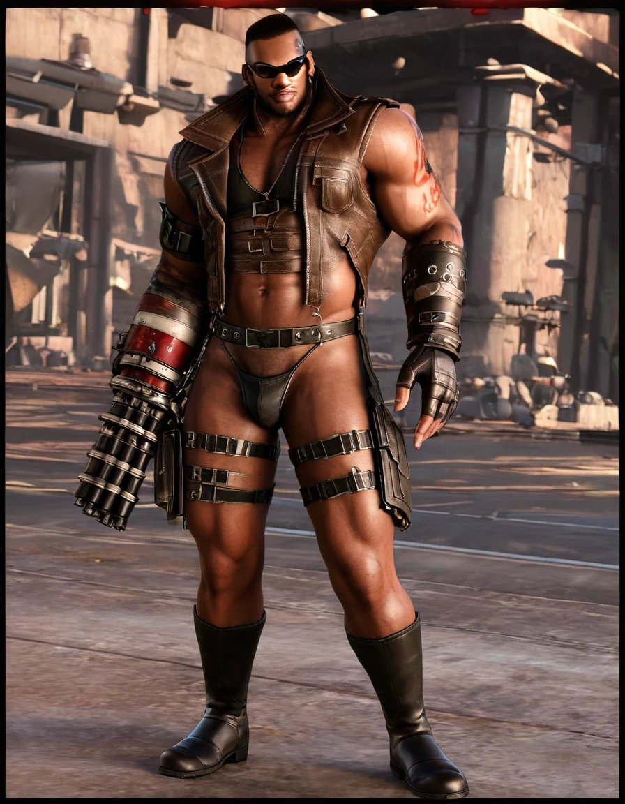 barret, dark skin male with gun arm and tattoo, sunglasses, shirtless , (( Leather G-string )) , full body , black boots 