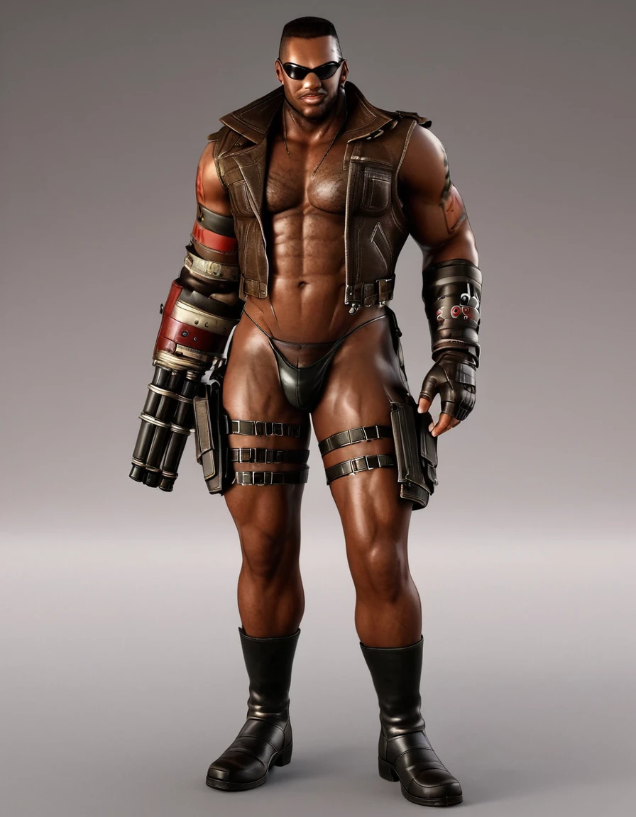 barret, dark skin male with gun arm and tattoo, sunglasses, shirtless , (( Leather G-string )) , full body , black boots