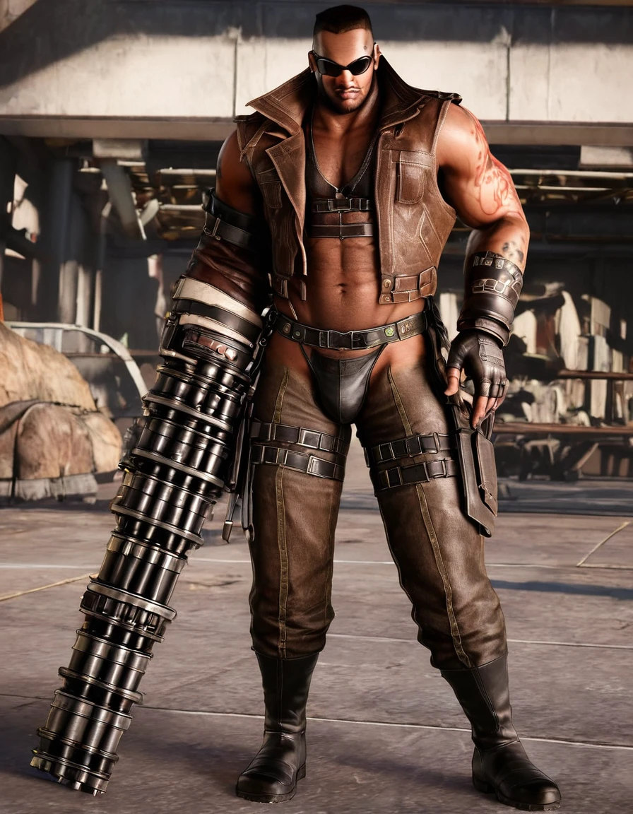 barret, dark skin male with gun arm and tattoo, sunglasses, shirtless , (( Leather G-string )) , full body , black boots