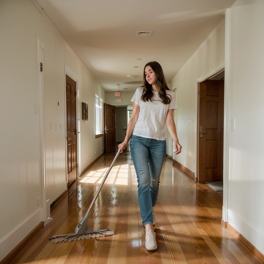 arafed woman sweeping the floor in a school hallway, high school, sweeping, clean detailed, super clean, miranda meeks, katey truhn, puttin, rachel wall, clean, alana fletcher, crisp and sharp, maintenance, clean line, jenna barton, b - roll, clean composition, nice composition, very clean, majestic sweeping action, perfect detail,