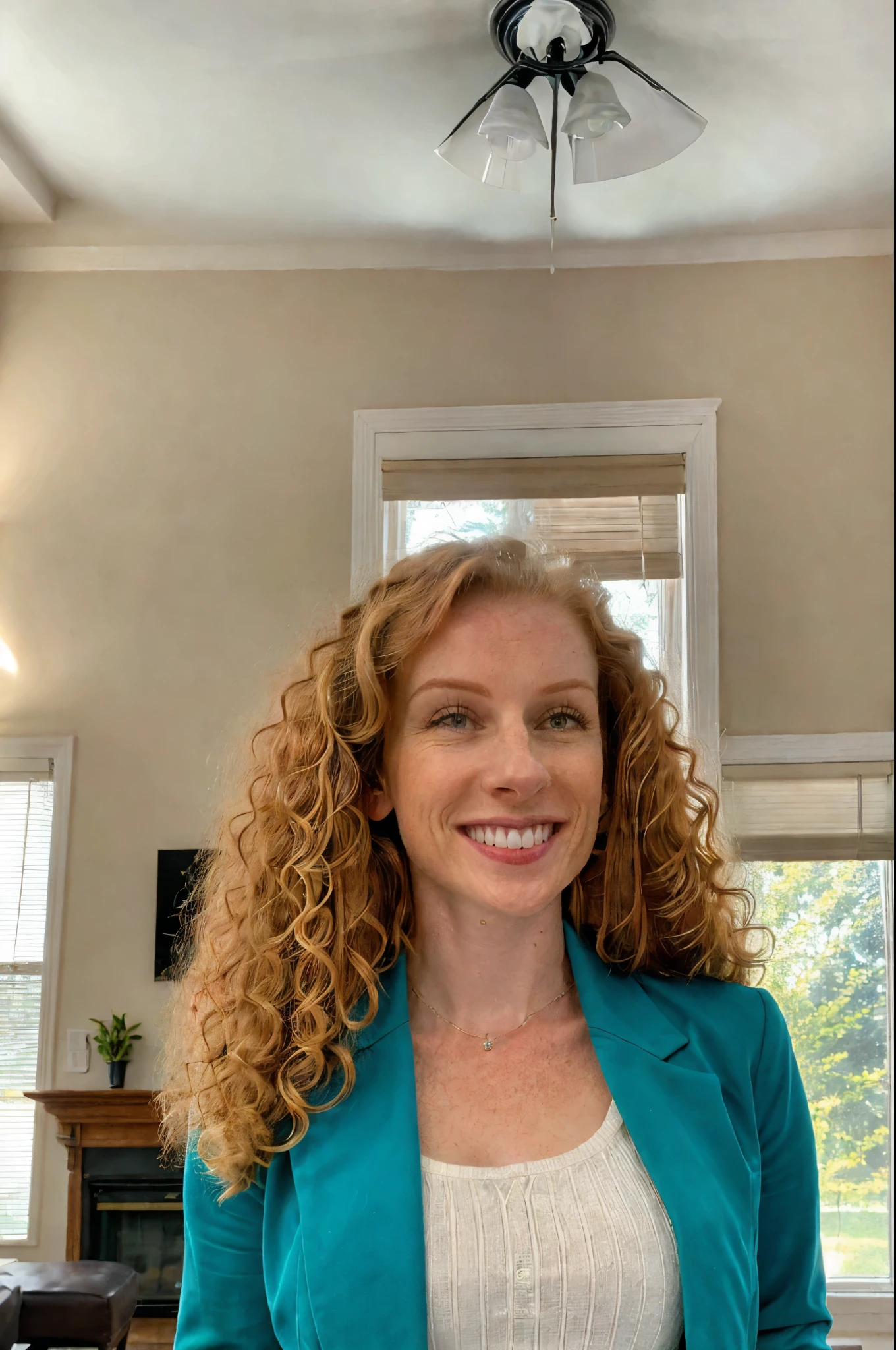 Subject and Attributes:
Main Subject: Woman with curly ginger hair
Additional Attributes: Looking directly at the camera with a subtle smile
Visual Characteristics:
Camera Angle/Shot Type: Close-up, focusing on the face and upper body
Lighting: Soft, indoor lighting that highlights her features gently
Art Style/Aesthetic: Photorealistic with a focus on natural beauty and elegance
Color Scheme: Neutral tones, with a shift from pink to teal for the clothing
Surrounding Environment: Indoor setting with minimalistic decor
Descriptors of Quality: High-resolution, sharp detail, natural colors
Using Quality Tags:
With Quality Tags: ((best quality)), woman with curly ginger hair, wearing a teal blazer, subtle smile, looking directly at the camera, photorealistic, natural colors, detailed
