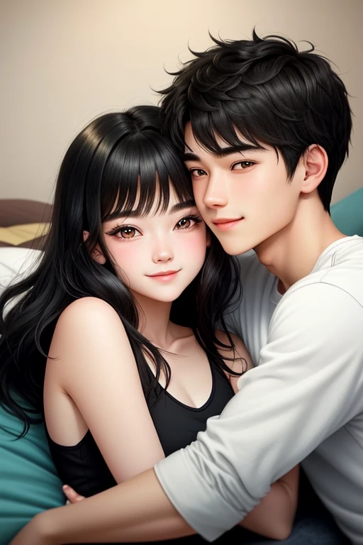 hug-on-bed-boy-girl-boy
20-year-old boy and 18-year-old girl, Detailed face, Detailed eyes, double eyelid, cute, sunny, warm, smile, Handsome-cool-warm-boy with black hair and hot-seductive-sexy-cute-beautiful-girl with black hair and blushing face. Intimate vibes.