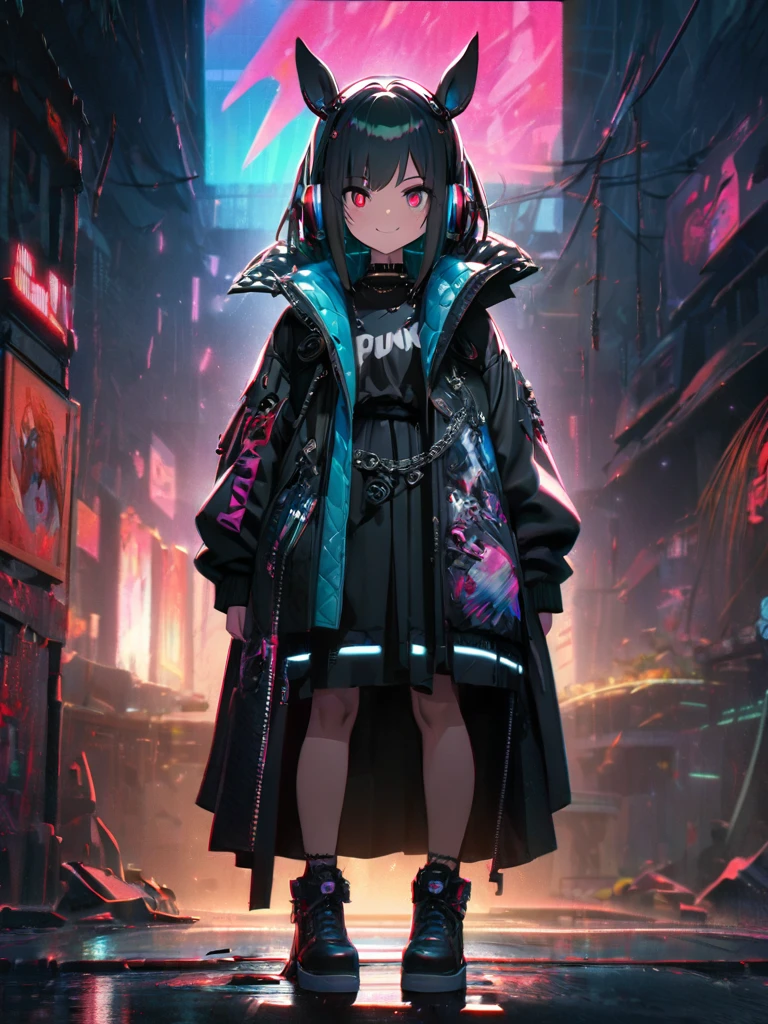 1 Girl, chromatic aberration, Written boundary depth, Soft Light, masterpiece, Highest quality, complicated, Tone Mapping, Very detailed, Art Station, Concept Art, Smooth, Clear focus, Dramatic lighting, Very detailed artwork, movie, super practical painting, Art Station's trending, 8K, Incredible Shadows, practical, (Very detailed background:1.0), whole body, View, Viewers, Very detailed portrait of one girl 1, standing on street corner, Heavy rain and lightning、Dark Sky, neon and cyber punk background, she is dressed in punk clothing with silver chains and silver spikes, Her hair was dyed a bright black color.,The middle part is black, She wears headphones, Detailed red eyes with clear pupils, Ominous aura of light, smile, punk, ciber punk, Backlight.Has horse ears、No knowledge of horses'tail、