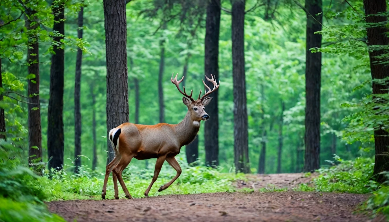 Deer walking gracefully in the forest,Background with dense trees
