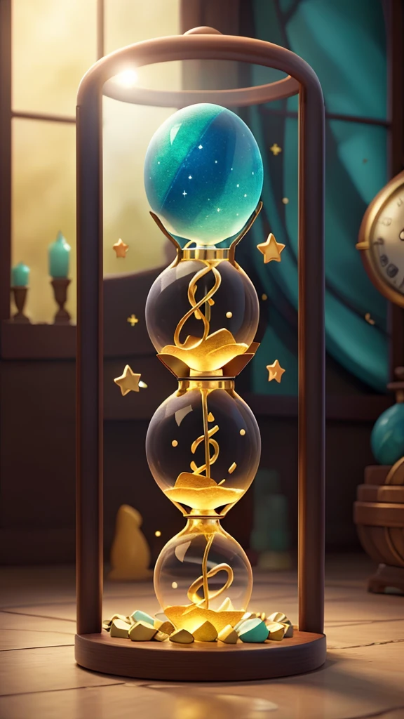 hourglass with time running out, amidst amazonite crystals, stars, shine, magical world, high resolution, full hd, disney drawing texture, 4k resolution