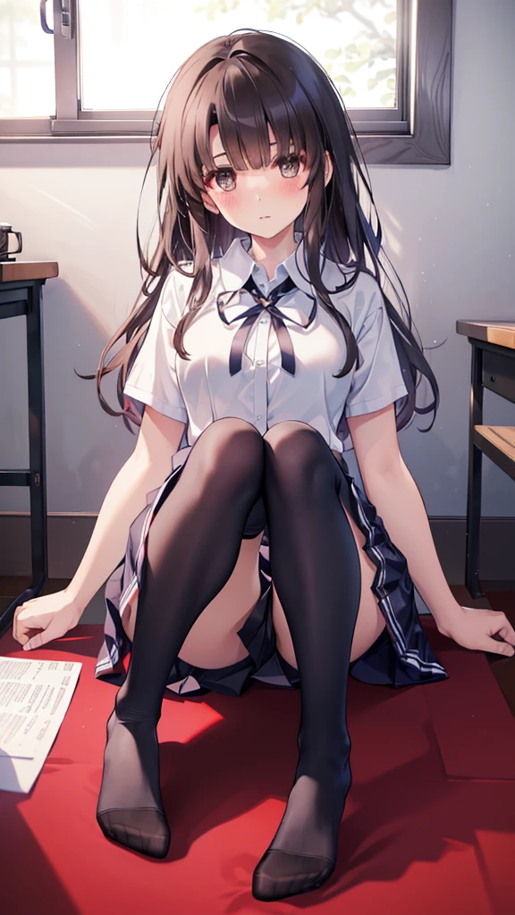(8K、Best image quality、Highest quality、masterpiece)、One tall girl、((Full body))、Sit on the floor with your legs spread apart、White  are visible、Long Hair、Wavy Hair、blush、Moderate 、White collared shirt、Short sleeve、((Plaid pleated ))、Classroom Background、((black tights))、Black Pantyhose、((No shoes))
