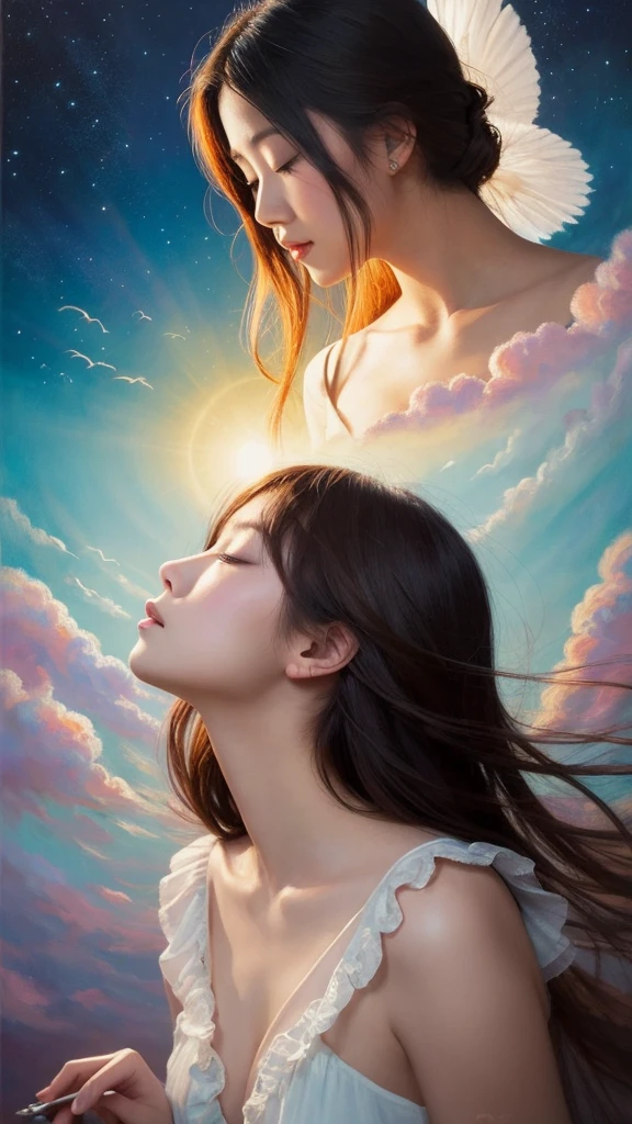 「Heavenly Dreams」Create a unique painting inspired by,'Blends space imagery and dreamscapes into a surreal masterpiece