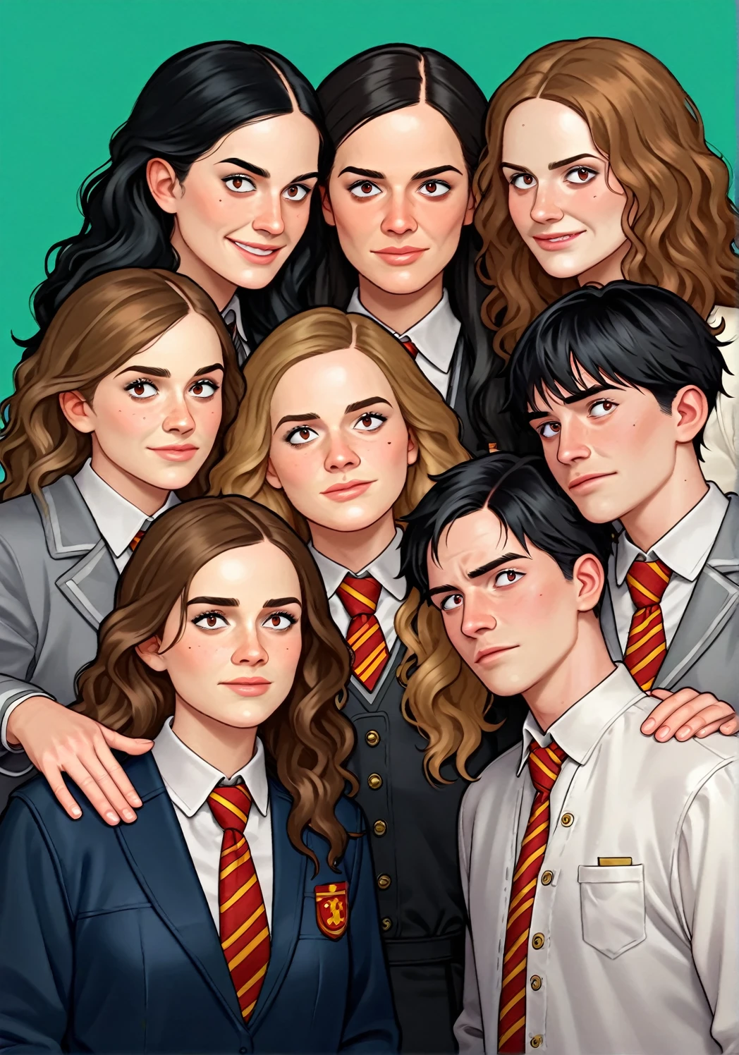 score_9, score_8_up, score_7_up, score_アニメ, Three friends, (Harry Potter Hermione Granger and Ron Weasley), (Hermione Granger with black hair), Girl in the center, guys holding girl by the shoulder, guy on the right, guy on the left, white jackets, Elite , looking straight into the camera, front view, Pretentious posture, confident look, ready to save the world