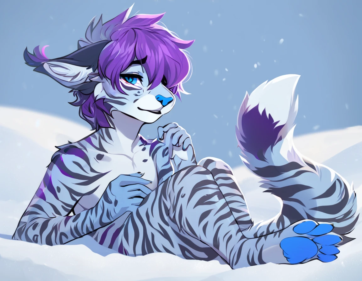 adult, feline, mammal, anthro, anthromorphic, snow, leopard, striped_feline, fur, furred_anthro, fluffy_tail. femboy, male, bangs, ear_tufts, blue_nose, blue_fingers, hair_tuft, hair_between_eyes, short_tail, fluffy, feline_ears, expressive_eyes, purple_hair, light looking_at_viewer, legs, legs_visible, thighs, paws, blue_paws, blue_fur, shy, small_pupils, spotted_pattern, stripes, tail, tail_connected_to_body tiger_stripes, digital_art, high_resolution, high_res, tealblue_background fit, posing, laying_down