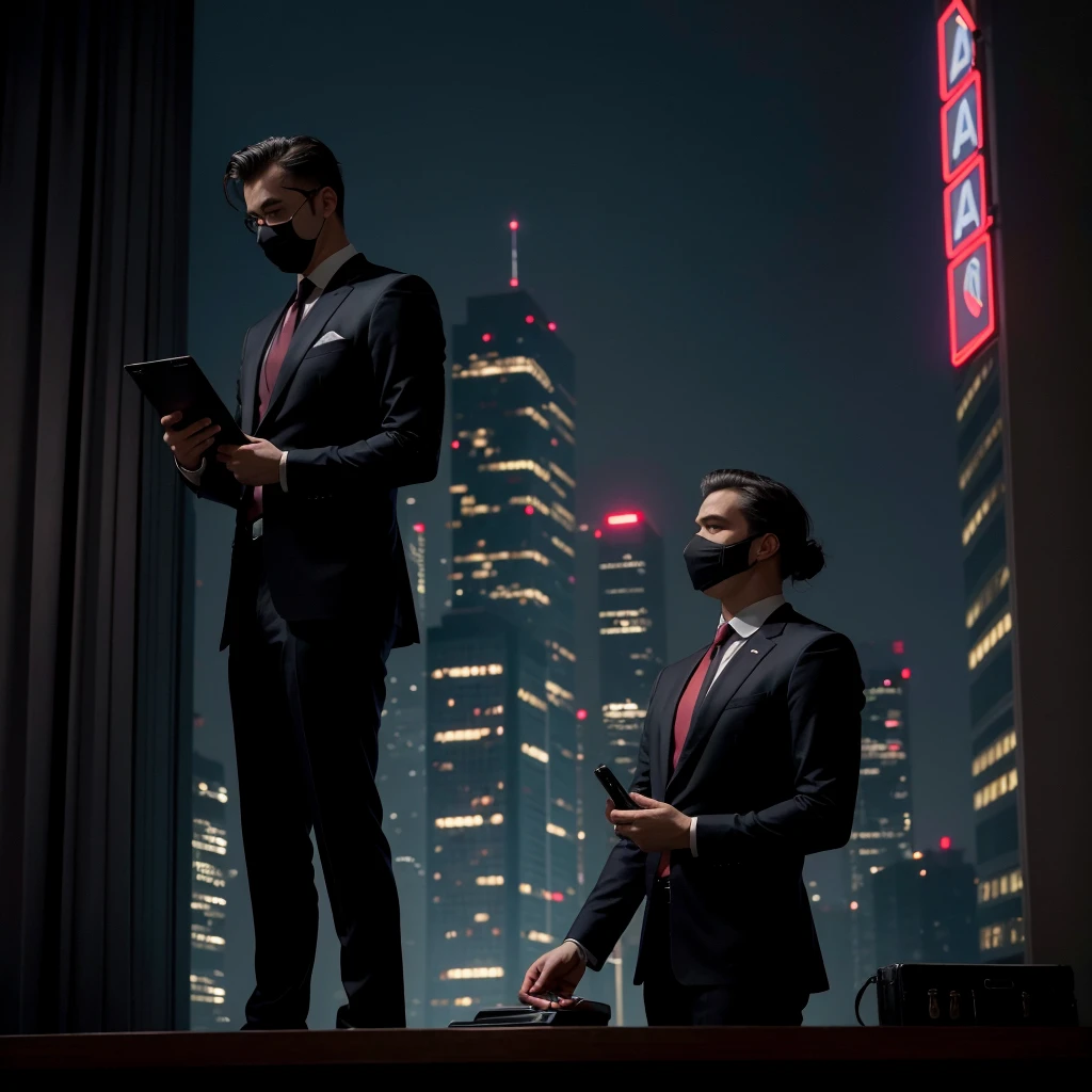 "Intrigue: The Secret Agent" in the upper right corner in a spy font, red or white color.

City at night with skyscrapers and neon lights in the background.
Empty streets with mysterious shadows suggesting spies at work.
full moon in the sky, adding a cold and mysterious light.

Secret agent in fitted black suit, holding a pistol with a silencer.
Profile, with a serious and determined expression, face partially covered by shadows.

Desk in front of the agent with secret documents and a laptop with spy graphics.
Open briefcase on the floor near the agent, showing technological devices and weapons.

Neon lights reflecting off buildings and the street, creating vibrant contrast with shadows.
Soft spotlight partially illuminating the agent, highlighting your figure against the dark background.