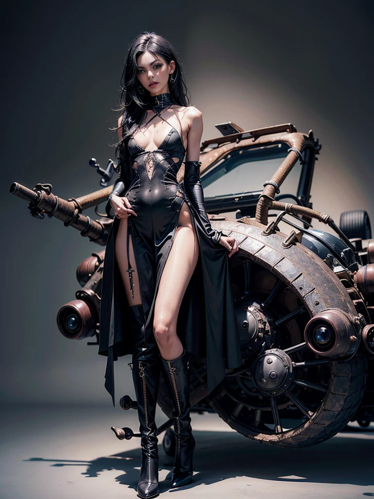 1 person ((slim slim body)), ((top quality)), (no waist, narrow hips), ((very detailed)), 4k, (8K), gothic muddress, long black hair, upper body,( (very small flat chest, perky flat chest)) high boots, prostitute aesthetic, dream core, dark aesthetic, provocative look, realism (Lie: 1.3)