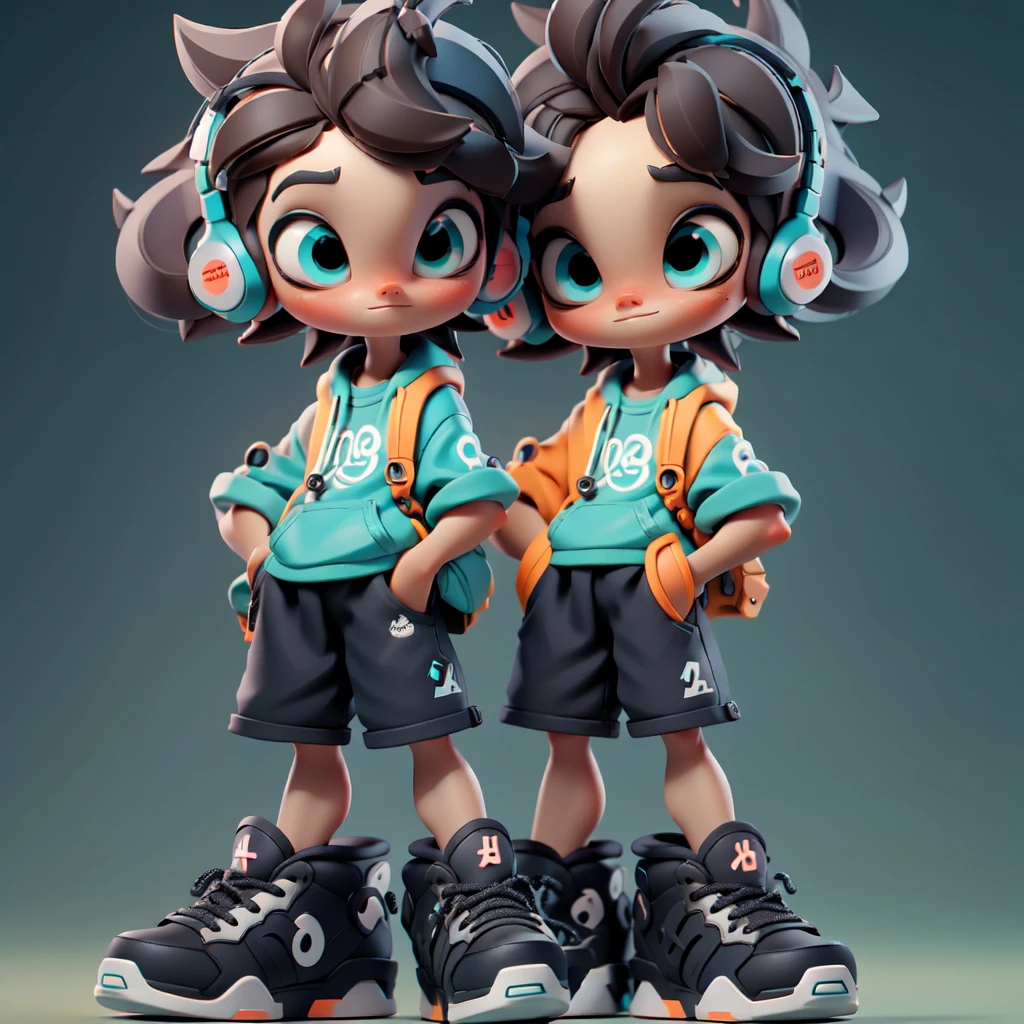 only one 3D character, anime boy, large eyes, brown hair, blue headphones, gray t-shirt, shorts, oversized sneakers, hands in pockets, neutral expression Cartoon model, young boy, detailed hair, big headphones, casual outfit, futuristic shoes, standing pose, minimal background, modern design Stylized figure, boy with brown hair, turquoise headphones, graphic t-shirt, black shorts, colorful sneakers, relaxed stance, 3D rendering Cute animated boy, expressive eyes, blue and orange color scheme, hands in pockets, detailed sneakers, backpack, simple background, modern art Chibi-style character, big eyes, spiky hair, headphones, casual attire, large shoes, standing pose, muted colors, collectible figure design