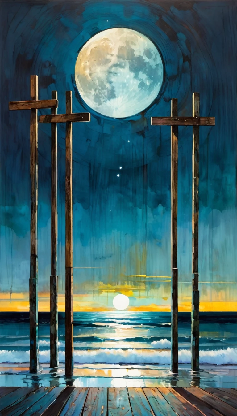 We see through eight wooden posts that cross the image laterally, a beautiful landscape with sea and moon (art inspired by Bill Sienkiewicz, intricate details, oil painting)