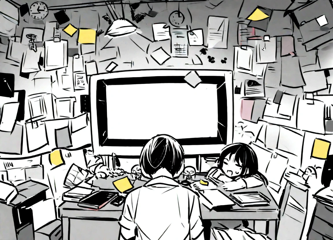 Left - No AI used: background: Grayscale color scheme for inactivity and dullness. prospect: People who appear to be stressed, Surrounded by sticky notes, paper, And a cluttered desk. There is a clock on the desk that shows the passage of time.. The person has a phone, And their expression is one of frustration. Middle Way: A blank screen appears, Symbolizes not being used as a disabled robot or AI device. Transition - Mid Image: Integration of elements that indicate change: Gradual change in color from grayscale to vibrant colors, The rising sun、Or a literal expression of being "Woken up" By the light from the AI device. prospect: Humans start interacting with AI. Your posture will be more comfortable. The clutter on your desk will start to organize itself, and AI