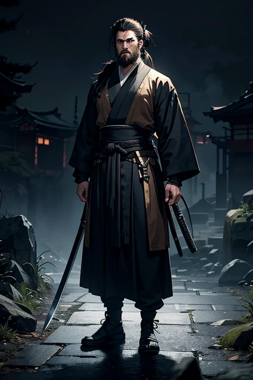 Create an image of an RPG character in the Order of Paranormal universe. This character is around 25 years old with a large and well-defined body. He has a medium-length beard and slightly long hair tied in a messy bun. His clothing is typical of 1600s Japan, but disheveled and worn from use. He carries two katanas at his waist, ready for combat. The environment around him should reflect a dark and mysterious setting, with supernatural elements typical of the Order of Paranormal universe.