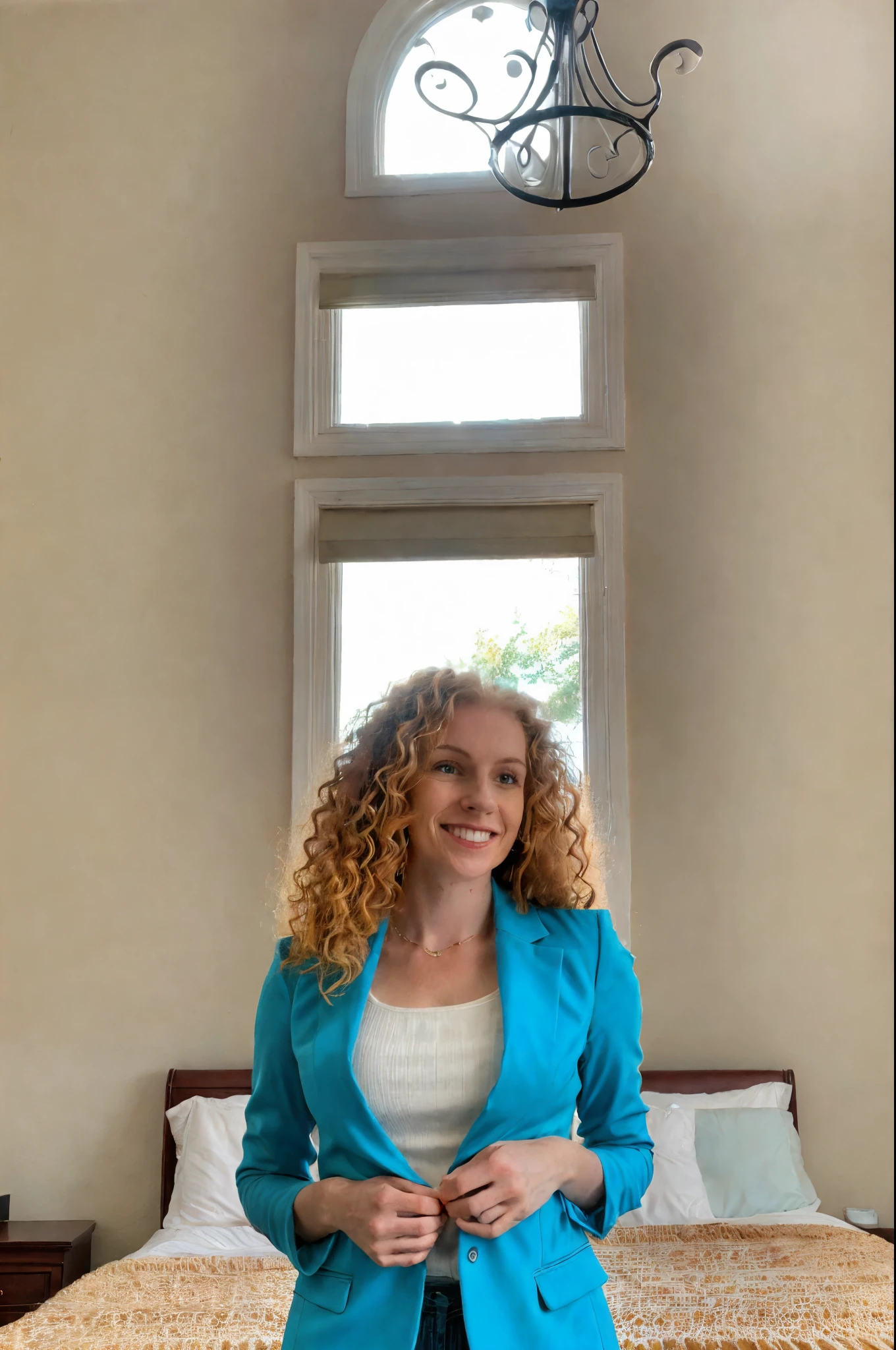 Subject and Attributes:
Main Subject: Woman with curly ginger hair
Additional Attributes: Looking directly at the camera with a subtle smile
Visual Characteristics:
Camera Angle/Shot Type: Close-up, focusing on the face and upper body
Lighting: Soft, indoor lighting that highlights her features gently
Art Style/Aesthetic: Photorealistic with a focus on natural beauty and elegance
Color Scheme: Neutral tones, with a shift from pink to teal for the clothing
Surrounding Environment: Indoor setting with minimalistic decor
Descriptors of Quality: High-resolution, sharp detail, natural colors
Using Quality Tags:
With Quality Tags: ((best quality)), woman with curly ginger hair, wearing a teal blazer, subtle smile, looking directly at the camera, photorealistic, natural colors, detailed