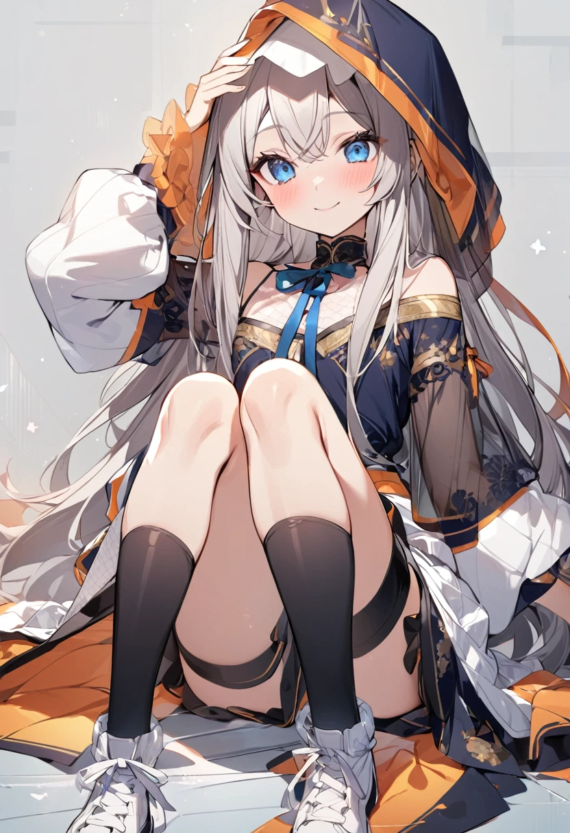 ((Highest quality)), ((masterpiece)), ((Very detailed)), (Very mature),A cute, gentle-looking female high school student with black hair and a height of about 165cm.，A female high school student with a cute smile and small  wearing a  blue waifus with a cute patterned hood and  shoulders, A gentle woman with a slightly long vertical face，Small Faced Woman，alone, Cute attitude,(background(bright)，Long Hair - Straight，Knee-high socks、A  blue veil with a cute pattern and white hood with off-the-shoulder sleeves，White wall、Sitting、Facing the viewer、縁に模様がある壁が1面のbackground