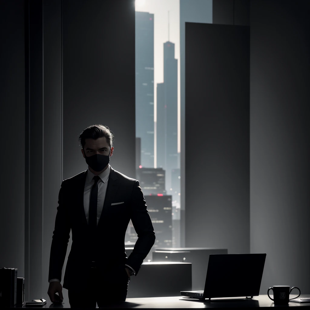 Write "Intrigue: The Secret Agent" in the upper right corner in a spy font, red or white color.
City at night with skyscrapers and neon lights in the background.
Empty streets with mysterious shadows suggesting spies at work.
full moon in the sky, adding a cold and mysterious light.
Secret agent in fitted black suit, holding a pistol with a silencer.
Profile, with a serious and determined expression, face partially covered by shadows.
Desk in front of the agent with secret documents and a laptop with spy graphics.
Open briefcase on the floor near the agent, showing technological devices and weapons.
Neon lights reflecting off buildings and the street, creating vibrant contrast with shadows.
Soft spotlight partially illuminating the agent, highlighting your figure against the dark background.