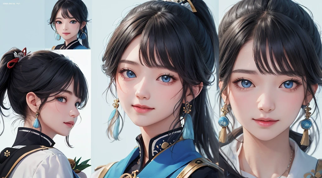 (masterpiece), (Best quality), (ultra detailed),(wild hair),(illustration), (1 girl), standing, smiling, beautiful detailed eyes, Light blue eyes, Detailed beautiful face, (Kamisato Ayaka: 1.2), focus on the face,  ponytail, Kamisato Ayaka(Genshin&#39;s influence), light blue hair, detailed hair, bang, better lighting, best shadow, very detailed, bright