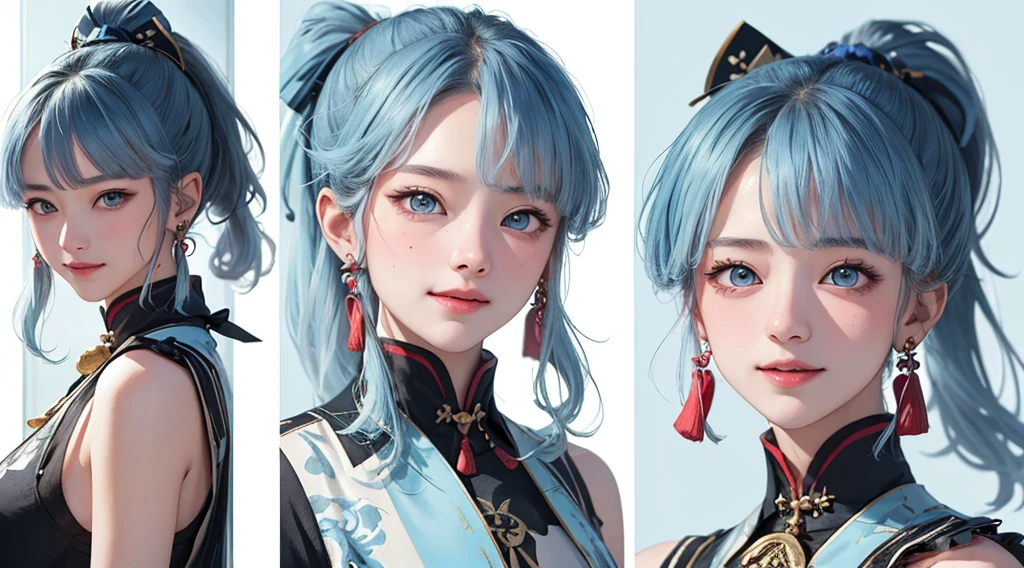 (masterpiece), (Best quality), (ultra detailed),(wild hair),(illustration), (1 girl), standing, smiling, beautiful detailed eyes, Light blue eyes, Detailed beautiful face, (Kamisato Ayaka: 1.2), focus on the face,  ponytail, Kamisato Ayaka(Genshin&#39;s influence), light blue hair, detailed hair, bang, better lighting, best shadow, very detailed, bright