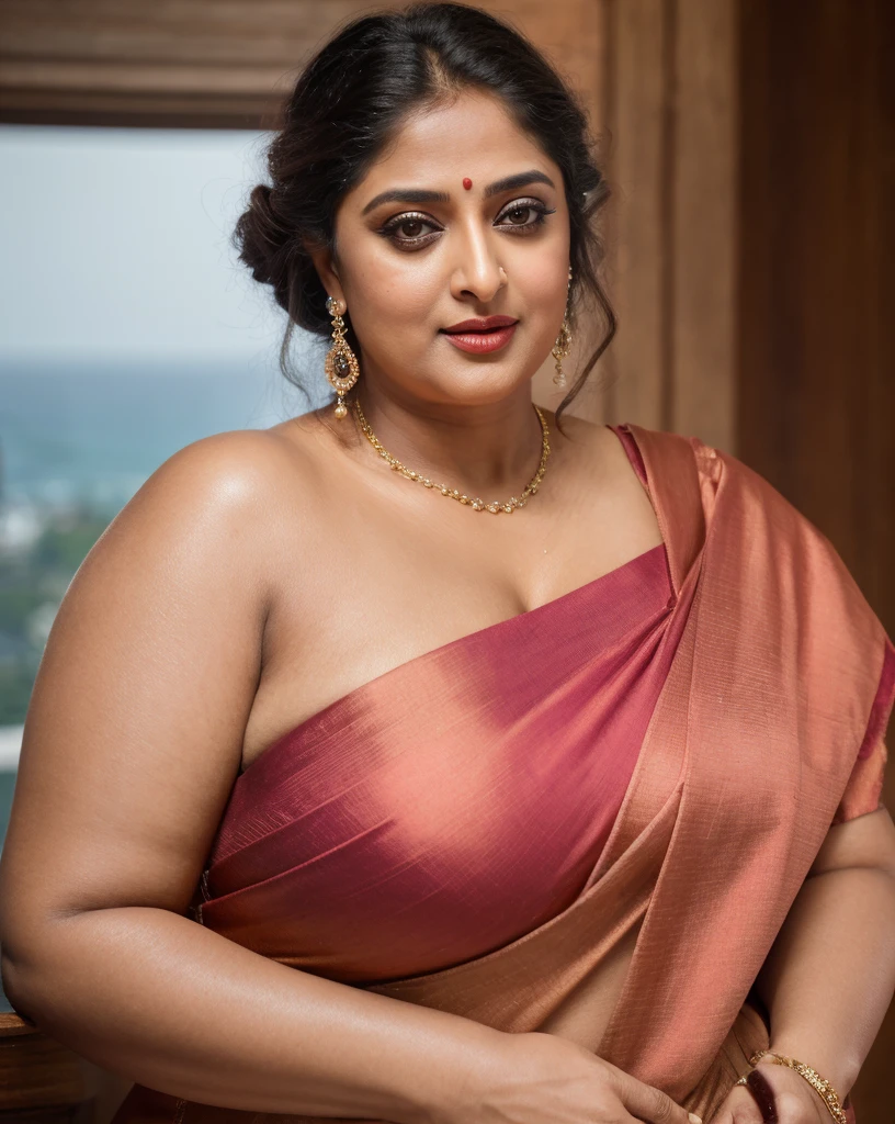 50yo mature MILF Anushka Shetty,((best quality)), ((masterpiece)), ((realistic)), eye kajal, mascara, red lips, sensual Beauty, mommy, full figured mommy, provoking body, extreme sweat, sweat soaked skin, slight stretch marks, alluring figure, bulging figure, thick charming lady, curvy, thick navel, full figured woman, eye kajal, massive breast, full body, styled hair, pierced eyes, female face,royal aura, trend on artstation , sharp focus, studio photo, intricate detail, very detailed, detailed eye, illustration, very detailed, sharp focus, digital render, professional, 4k