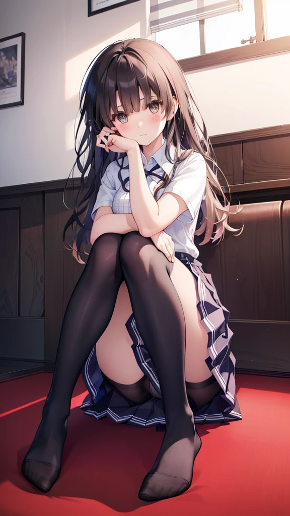(8K、Best image quality、Highest quality、masterpiece)、One tall girl、((Full body))、Sit on the floor with your legs spread apart、White  are visible、Long Hair、Wavy Hair、blush、Moderate bust、White collared shirt、Short sleeve、((Plaid pleated ))、Classroom Background、((black tights))、Black Pantyhose、((No shoes))