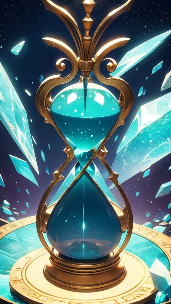 hourglass with time running out, amidst amazonite crystals, stars, shine, magical world, high resolution, full hd, disney drawing texture, 4k resolution