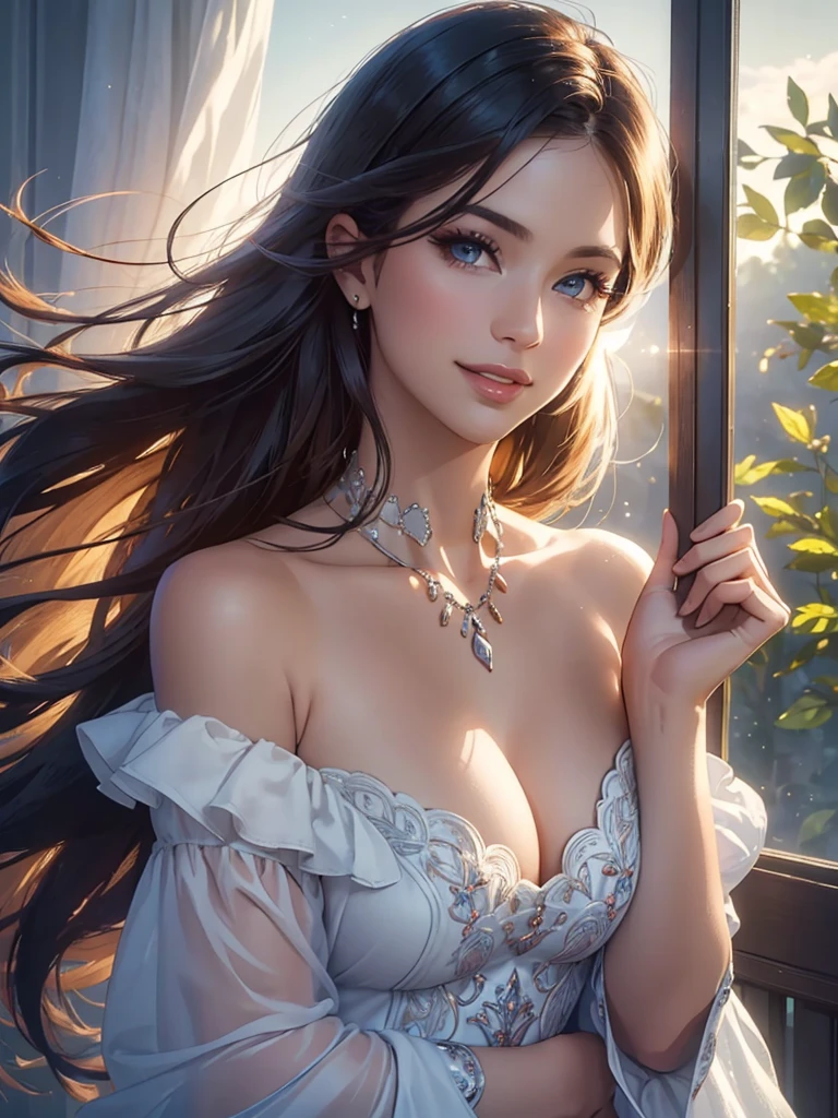 (Best quality,ultra detailed,Photorealistic:1.37),bright and rich colors,studio lighting,playful facial expression, (((open shoulders, deep neckline, transparent clothes))), stylish makeup,Flemish,hair fluttering in the wind,inviting eyes,glossy lips,sexy pose, I smile confidently and seductively,posing for a professional photo shoot,shallow depth of field,highlighting the main subject,soft natural light,Creating a dreamy and magical atmosphere.