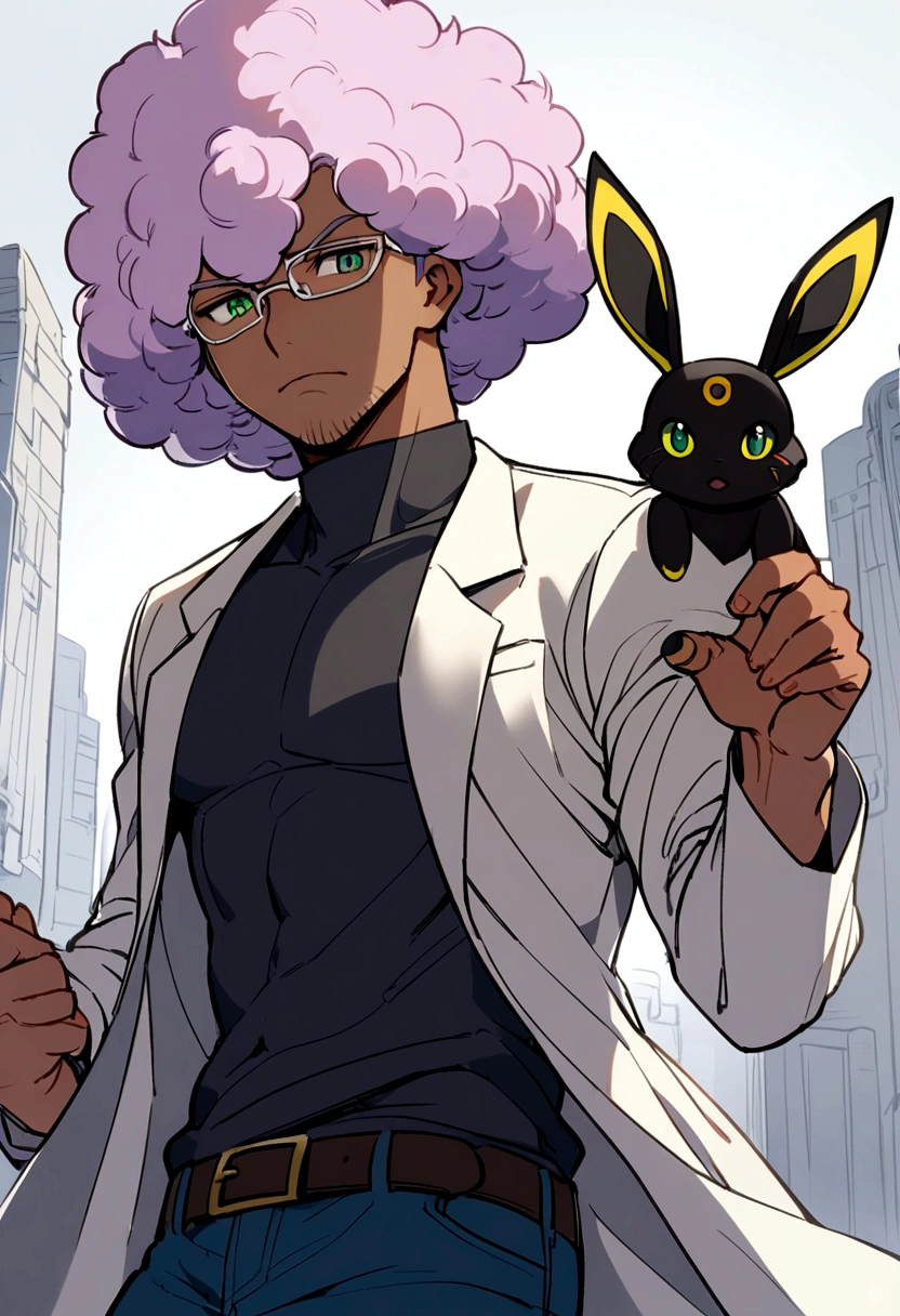 1man, 20s, strong body, latin, chin stubble, square face, tan skin, ((purple curly fluffy hair)), medium lenght hair, ((green eyes)), cool facial expression, (nice hands),  (grey turtleneck), lab coat, spectacles, jeans, sandals [pose with body turned in profile looking at viewer], determined facial expression, simple backgroun, accompanied by an Umbreon